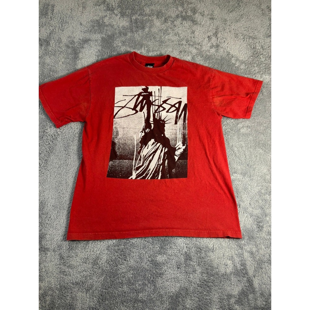 Stussy Statue of Liberty Graphic T-Shirt Red Mens Medium Streetwear Tee